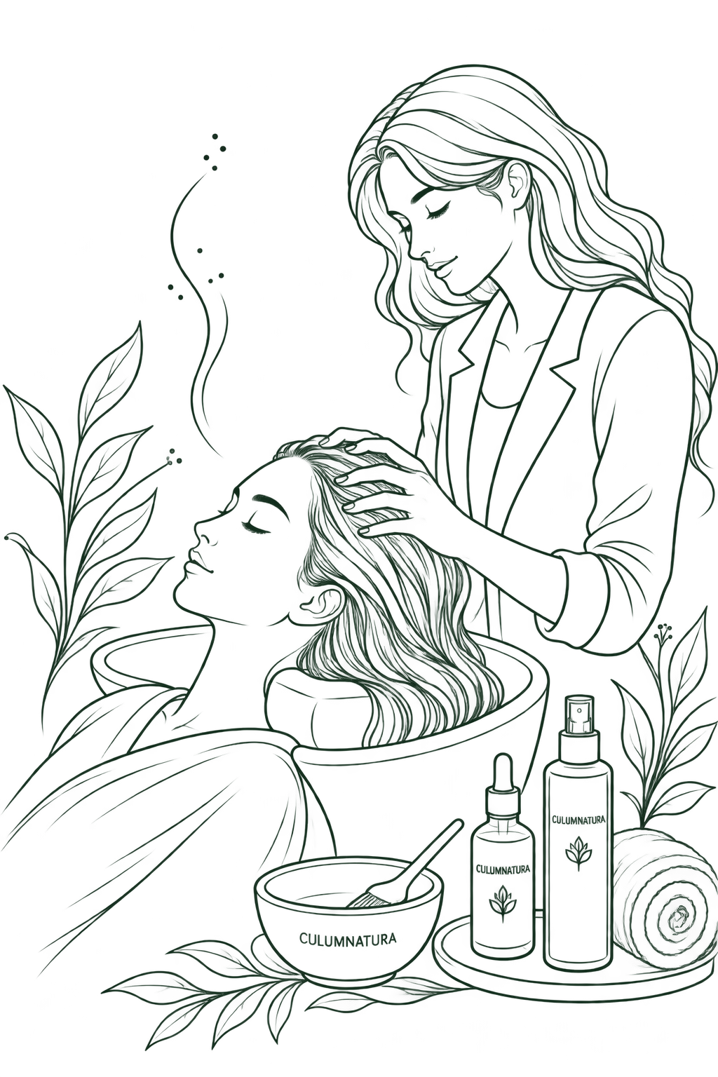 Zeichnung: Naturfriseurin bei der Haarpflege
